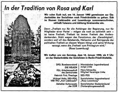 Aufruf zum Gedenken an Rosa Luxemburg und Karl Liebknecht