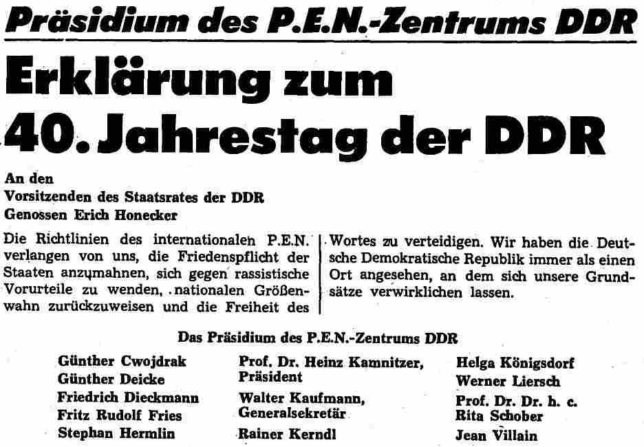 Erklärung des Präsidium des P.E.N.-Zentrum zum 40. Jahrestag der DDR