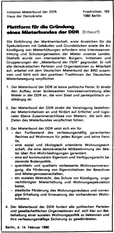Plattform für die Gründung eines Mieterbundes der DDR 14.02.1990