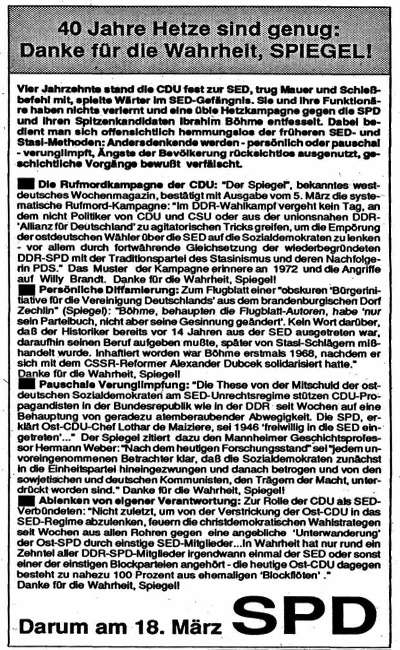 Sozialdemokratische Partei der DDR: gegen Diffamierung durch die CDU zur Volkskammerwahl in der DDR am 18.03.1990