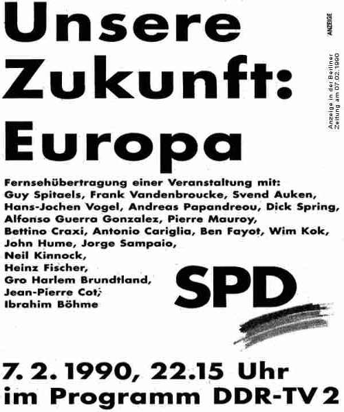 Sozialdemokratische Partei der DDR: Unsere Zukunft: Europa. Hinweis auf eine Fernsehsendung zur Volkskammerwahl in der DDR am 18.03.1990