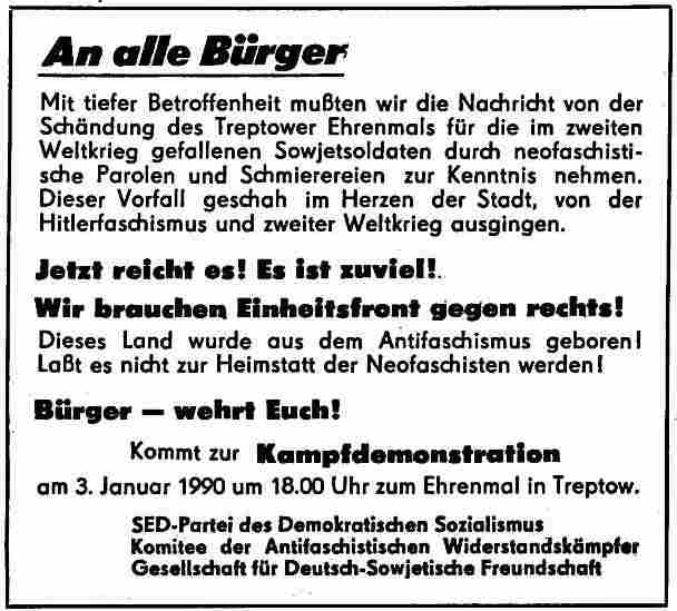 Aufruf zur Demonstration am 03.01.1990 am sowjetischen Ehrenmal in Berlin-Treptow