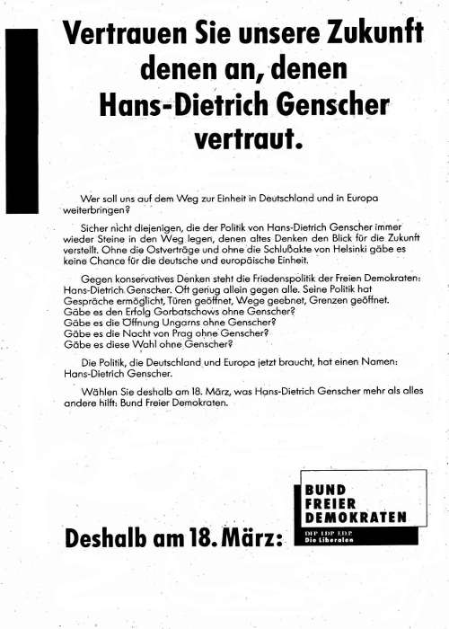 Wahlwerbung Bund Freier Demokraten zur Volkskammerwahl am 18.03.1989