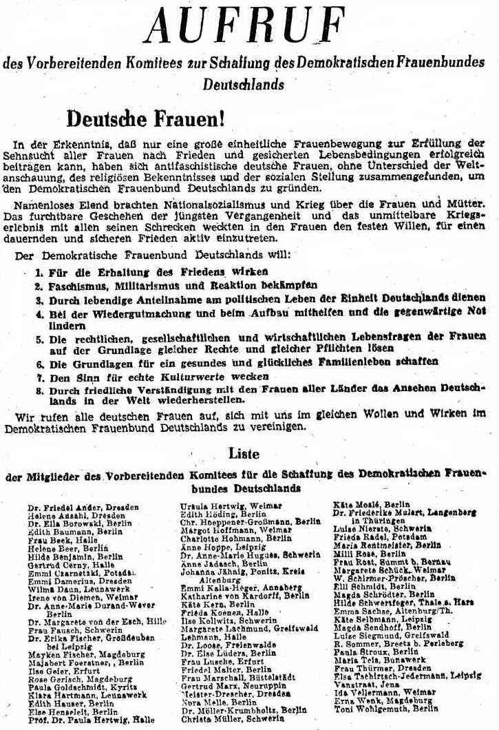 Aufruf zur Gründung des Demokratischen Frauenverbandes Deutschlands 1947