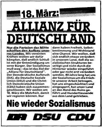 Wahlplakat der Allianz für Deutschland zur Volkskammerwahl am 18.03.1990