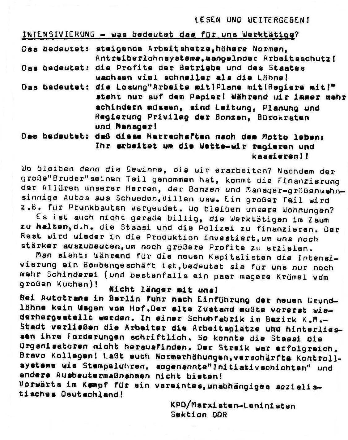 Flugblatt der KPD/ML in der DDR 1977