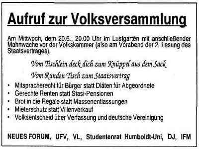 Aufruf zur Volksversammlung 20.06.1990 Berlin Lustgarten zum Staatsvertrag