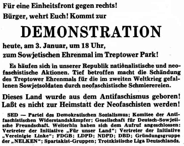 Einheitsfront gegen Rechts! Demo am 03.01.1990 am Sowjetischen Ehrenmahl im Treptower Park